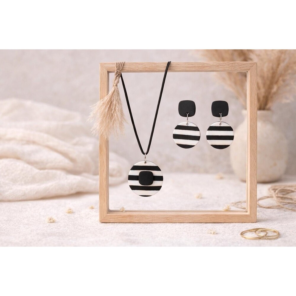 Black White Striped Polymer Clay Jewelry Set | Modern Dangle Earrings Necklace